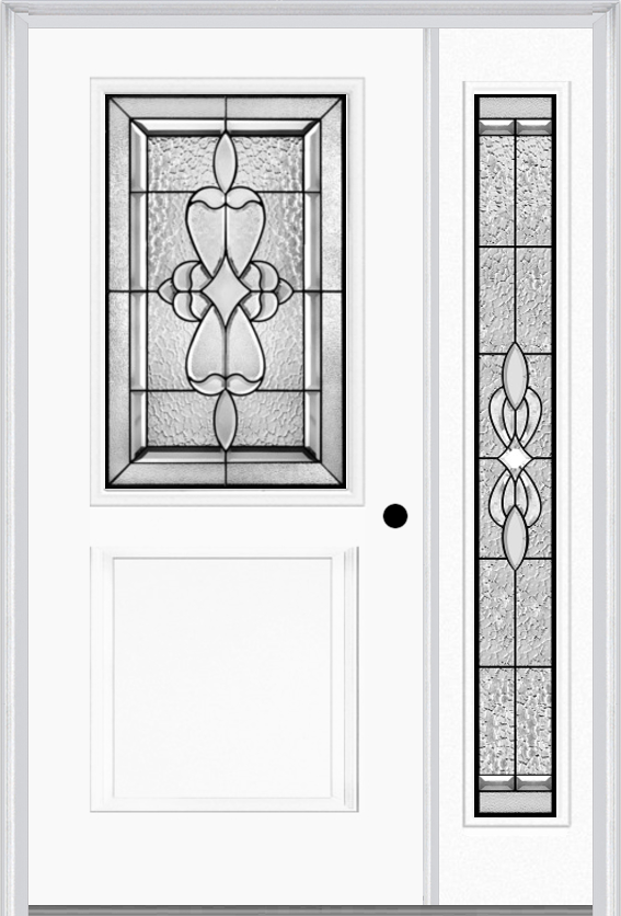 MMI 1/2 Lite 1 Panel 6'8" Fiberglass Smooth Jamestown Patina Exterior Prehung Door With 1 Full Lite Jamestown Patina Decorative Glass Sidelight 682